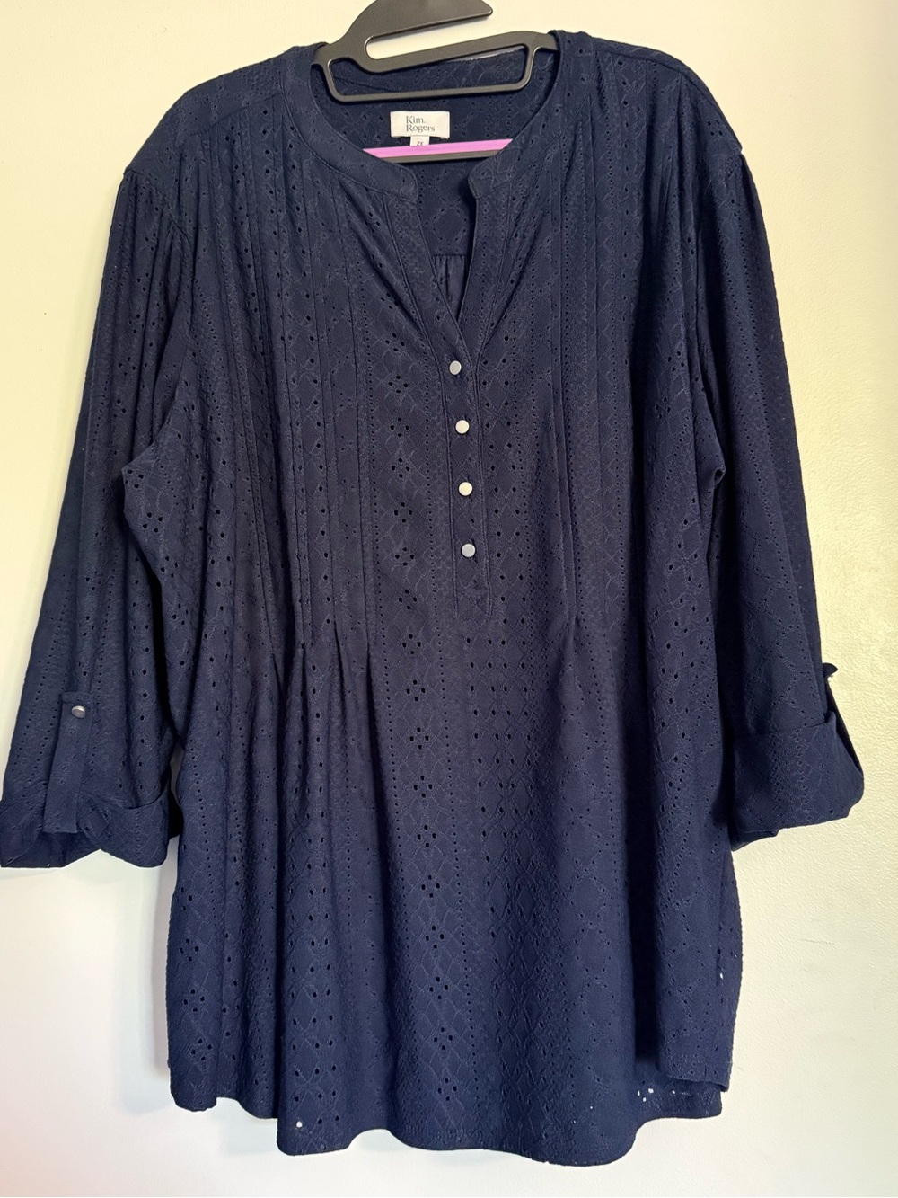 Sz 2X Kim Rogers Navy Eyelet 3/4 Sleeve Top